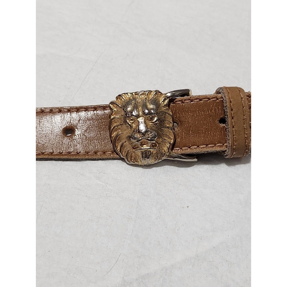 Vintage Anne Klein Calderon Leather Belt Gold Lion Head Buckle Medium Brown Tan